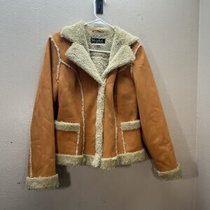 Mudd Y2K 90s Pennylane Coat Jacket Orange Faux‎ Shearling Fur Suede Boho Hippie
